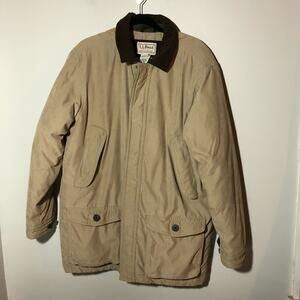 LL Bean mens L insulated hunting coat 0BDQ7 khaki with brown collar EUC barn